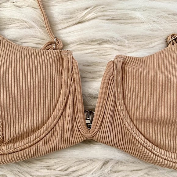 Shein Tan Brown Nude Strappy Ribbed Underwire Padded V-Neck Bikini Top Sz S